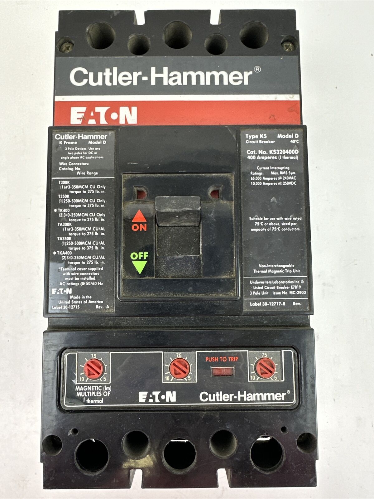 CUTLER HAMMER KS320400D CIRCUIT BREAKER MODEL D 400AMP 240VAC 250VDC 3POLE