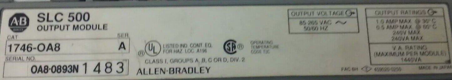 ALLEN-BRADLEY, SLC 500 1746-OA8, SERIES A, OUPUT MODULE,85-265VAC, 50/60HZ, USED