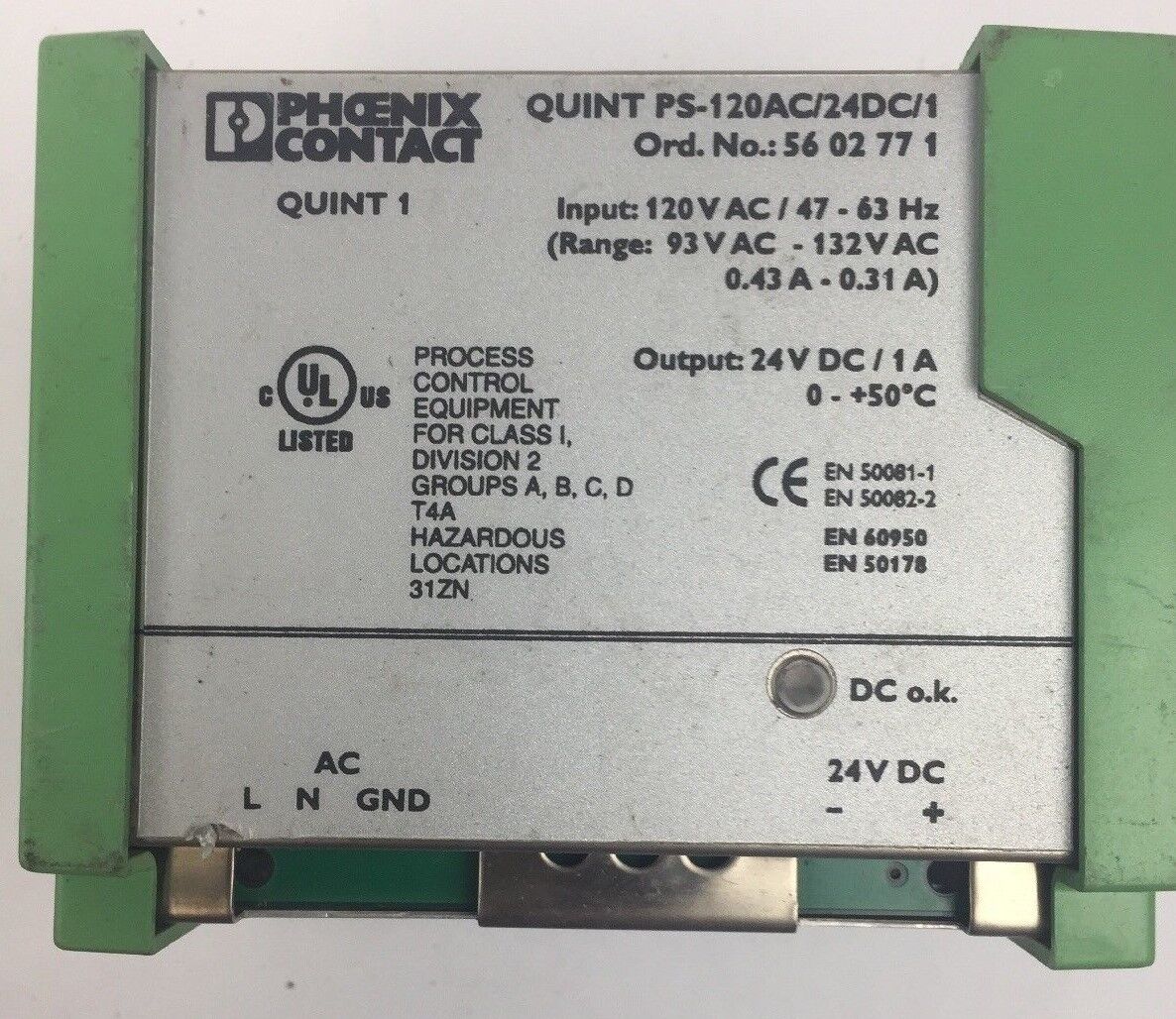 PHOENIX CONTACT QUINT PS-120AC/24DC/1 120VAC 47-63HZ 24VDC 1A