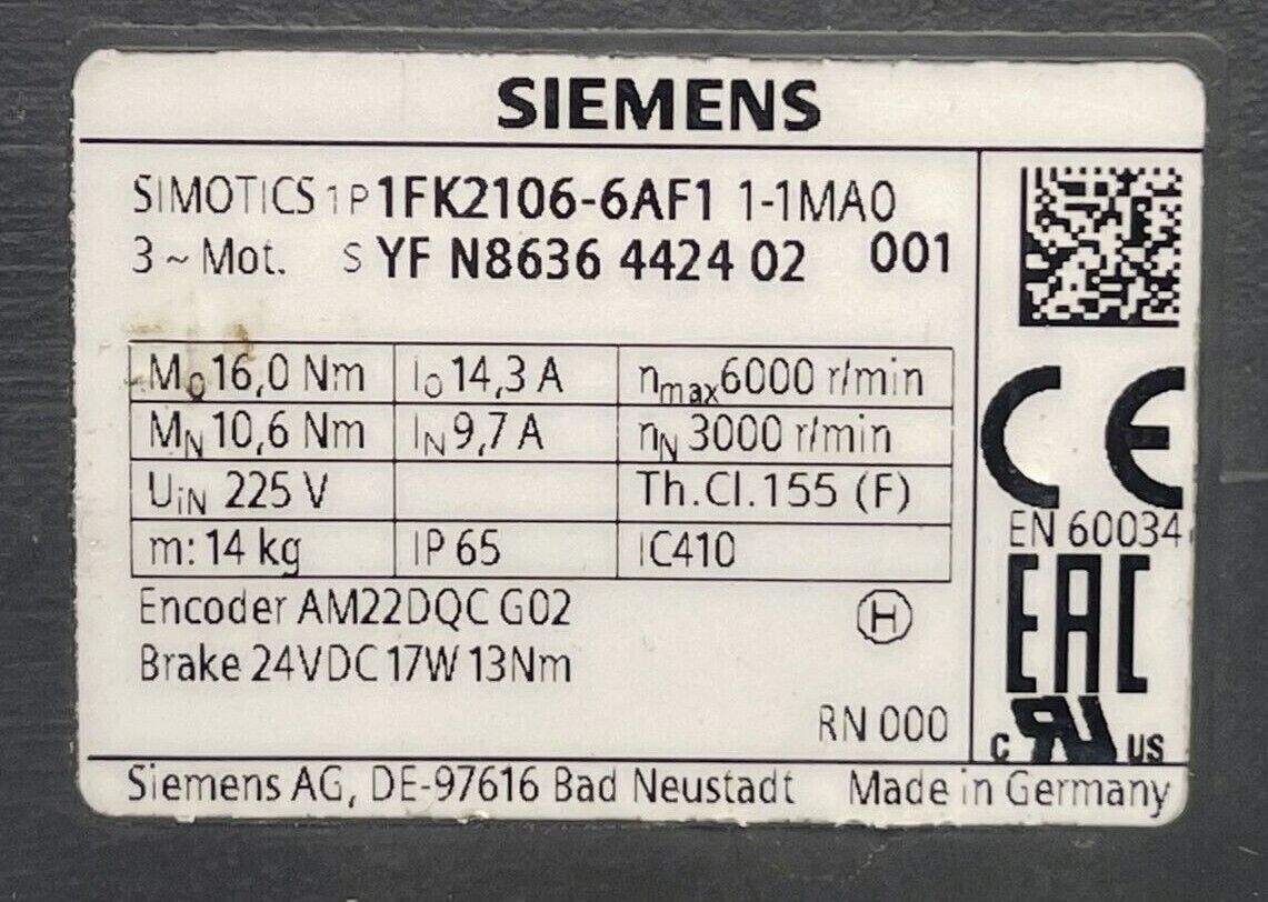 SIEMENS 1P 1FK2106-6AF1 1-1MA0 SIMOTICS SERVO MOTOR