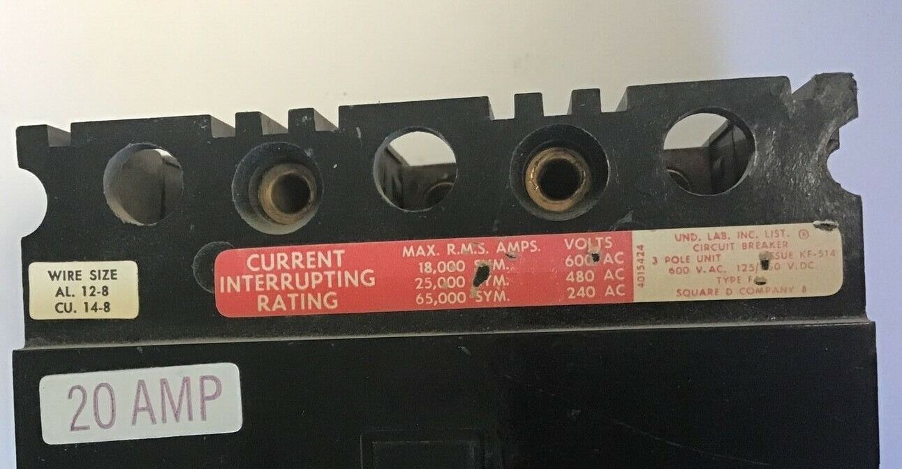 SQUARE D FHL 36020 CIRCUIT BREAKER 600VAC 20AMP