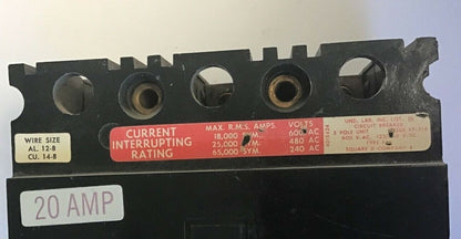 SQUARE D FHL 36020 CIRCUIT BREAKER 600VAC 20AMP