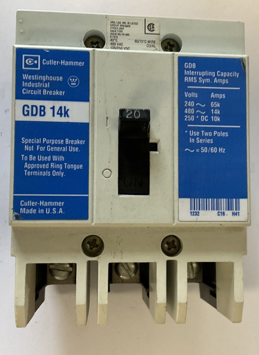 WESTINGHOUSE GDB 14K CIRCUIT BREAKER 20A 480VAC 3POLE 50/60HZ GDB3020