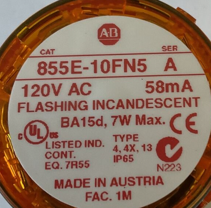 ALLEN BRADLEY 855E-10FN5 FLASHING INCANDESCENT STACK LIGHT SER.A 7W 120VAC 58MA