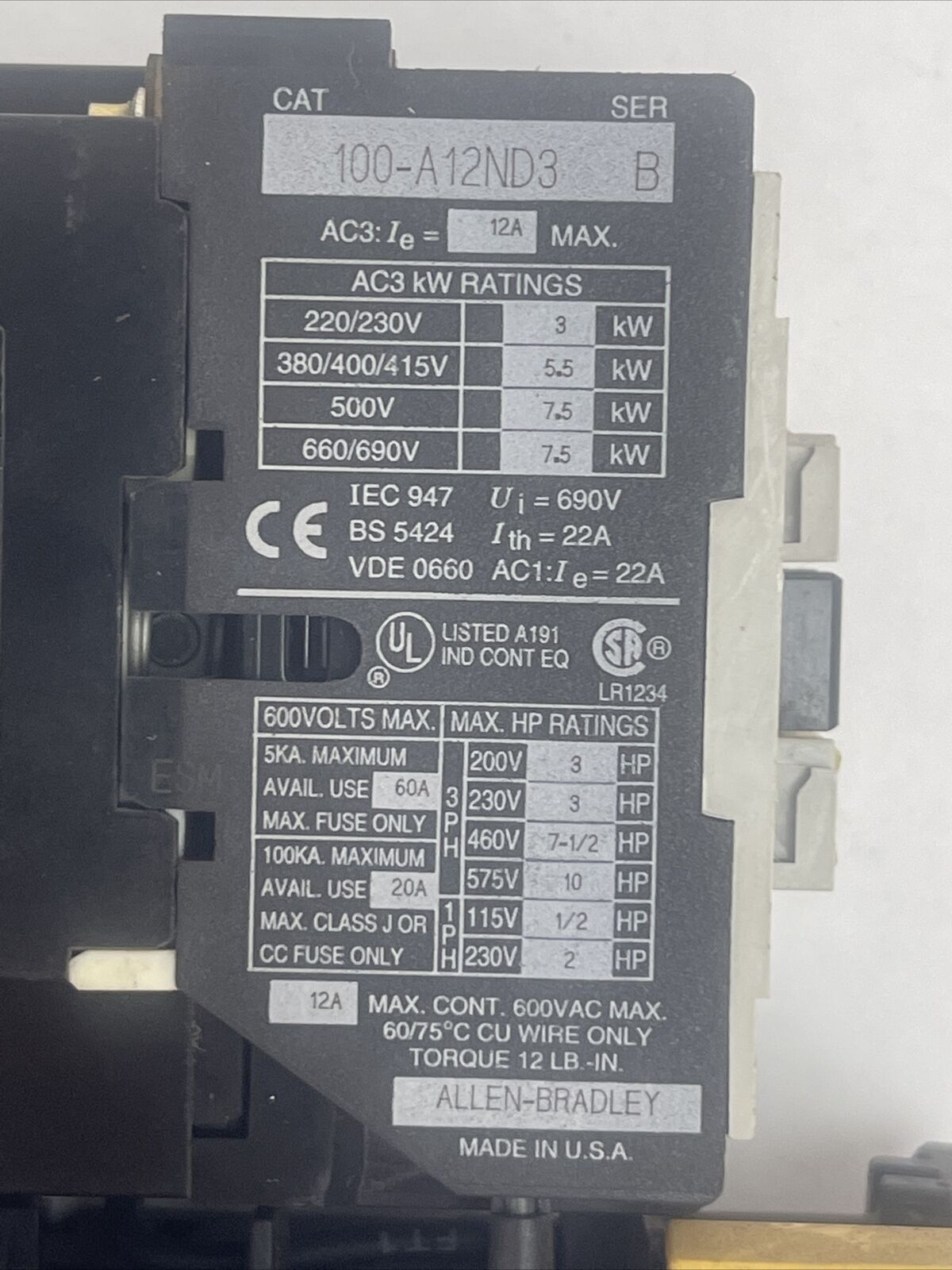 ALLEN BRADLEY STARTER 100-A12ND3 SER B 600VAC 12A 10HP COIL 120V 60HZ 193-BSB 22