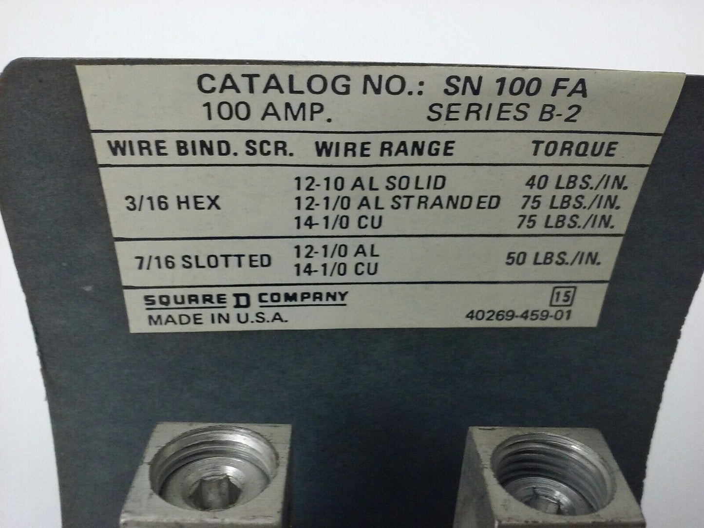 SQUARE D SN100FA,SER.B2 GROUNDABLE NEUTRAL ASSEMBLY,100A, 277/480VAC,125/250VDC,