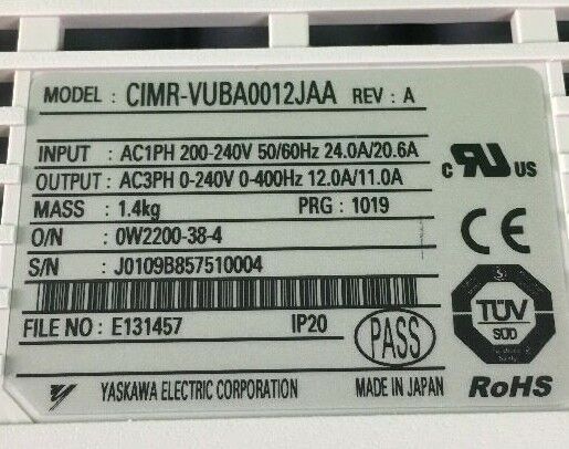 YASKAWA V1000 DRIVE CIMR-VUBA0012JAA 1PH 24A INPUT 3PH 12A OUTPUT