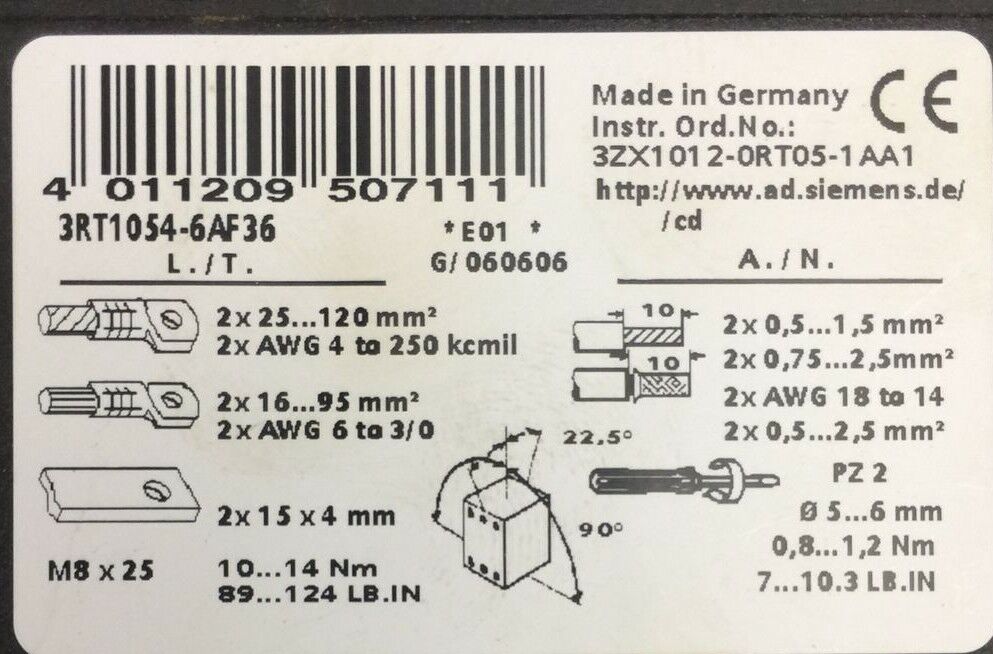 SIEMENS 3RT1054-6AF36 CONTACTOR 140A 600VAC 3PH 125HP COIL 110-127VDC 50/60HZ