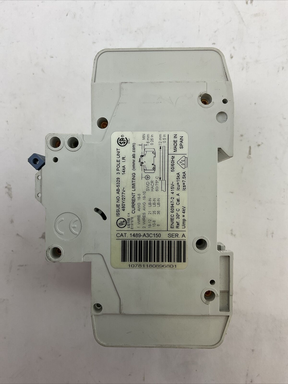 ALLEN BRADLEY 1489-A3C150 SER A CIRCUIT BREAKER 3POLE 15AMP 480Y/277VAC