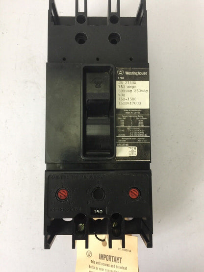 WESTINGHOUSE JB2150W AB DEION CIRCUIT BREAKER 150A 600VAC 250VDC 2 POLE