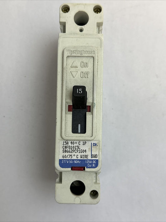 WESTINGHOUSE FD1015L CIRCUIT BREAKER 15AMP 277V-50/60HZ 125V-DC 1POLE 6629C91G04