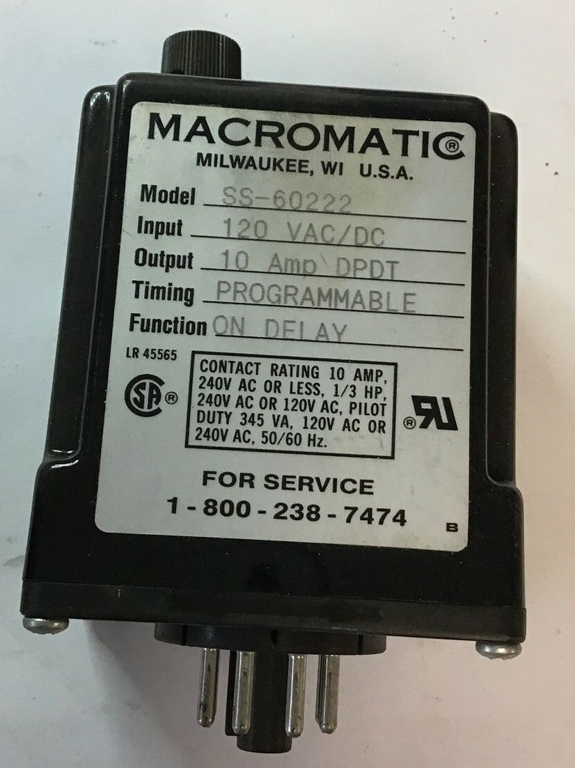 MACROMATIC SS-60222 TIME DELAY RELAY PROGRAMMABLE 120VAC 10A TIME RANGER LOTOF3