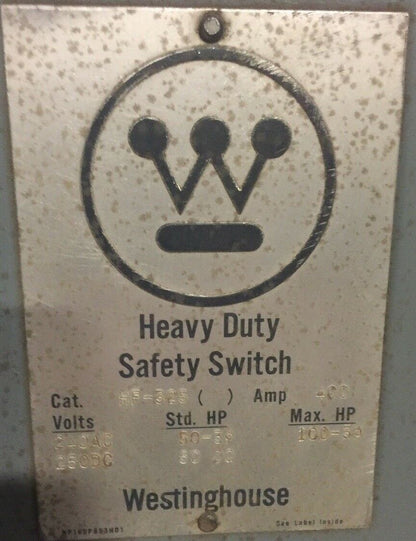 WESTINGHOUSE HF325 SAFETY SWITCH 400AMP 240VAC 250VDC 100HP