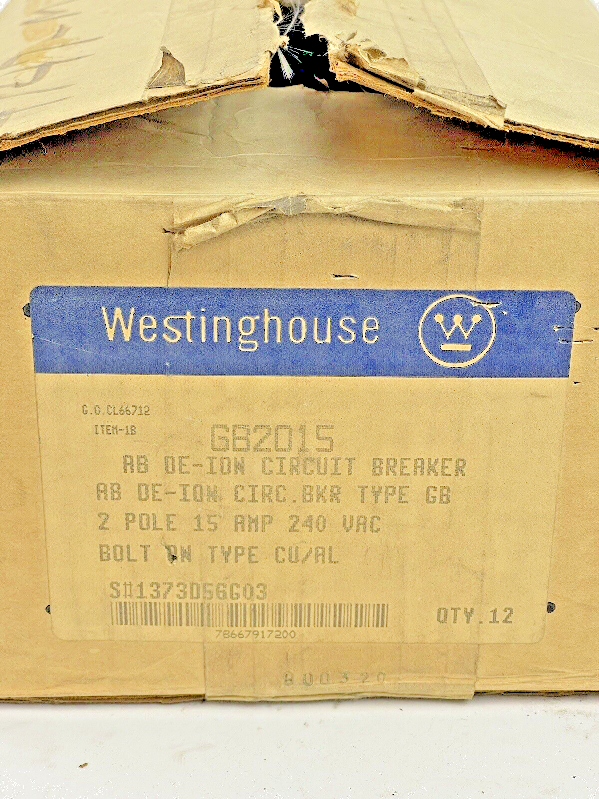 WESTINGHOUSE **BOX OF 12** - GB2015 - 15A/2 POLE/240 VAC/AB DE-ION/TYPE GB - NEW