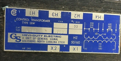 GENERAL SIGNAL W750 CONTROL TRANSFORMER KVA.750 50/60HZ 480V TYPE SBW