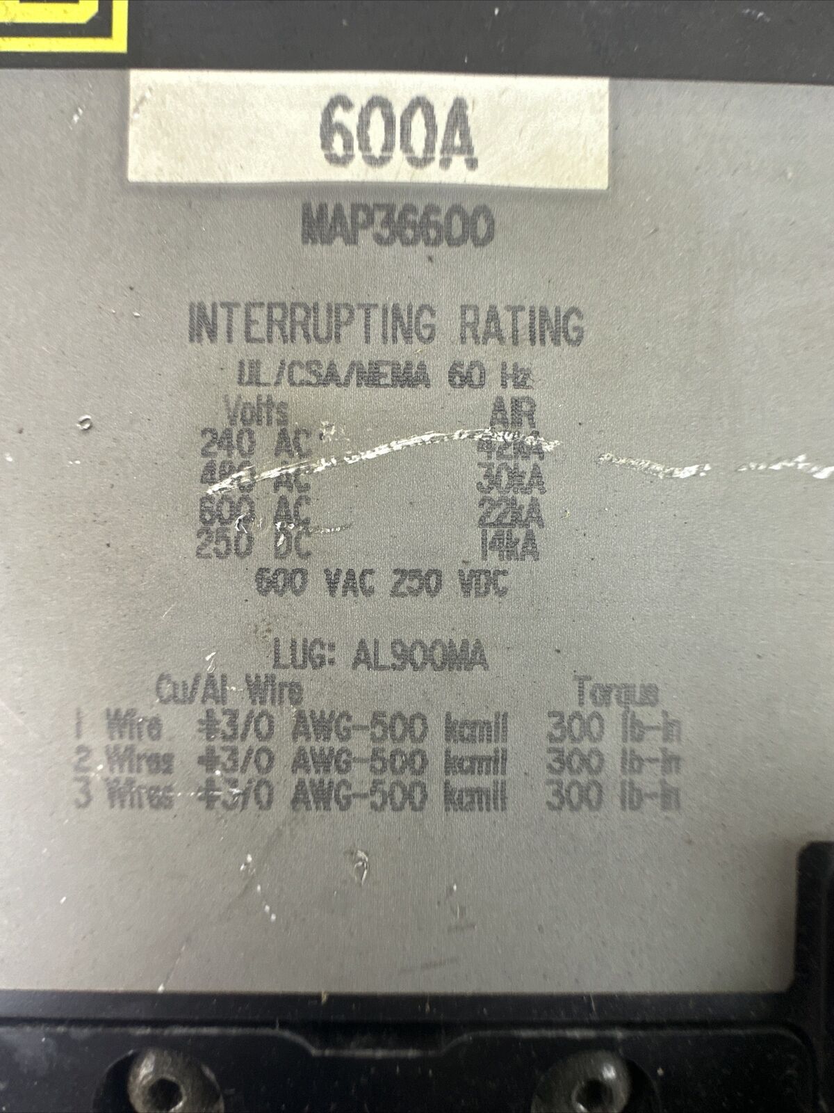 SQUARE D MAP36600 CIRCUIT BREAKER 600AMP 600VAC 250VDC 3POLE