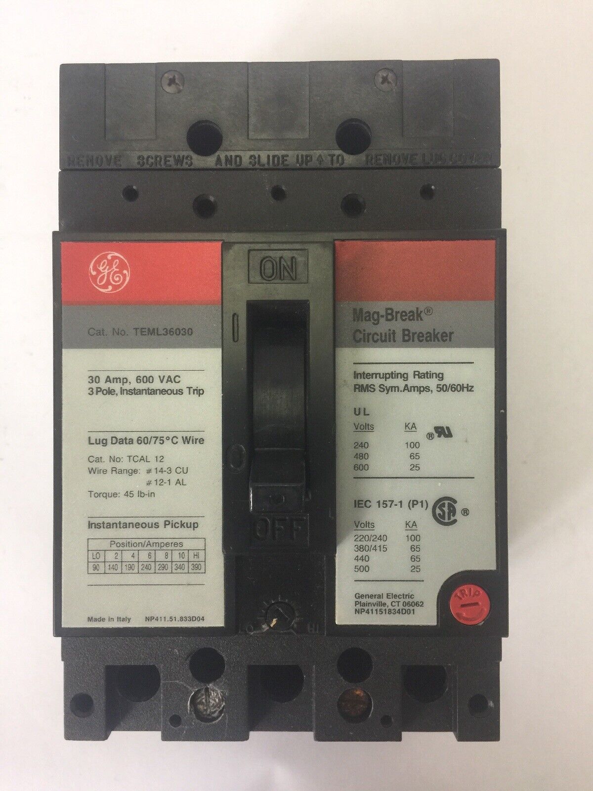 GE TEML36030 MAG-BREAK CIRCUIT BREAKER 600VAC 30AMP 3 POLE INSTANTANEOUS TRIP