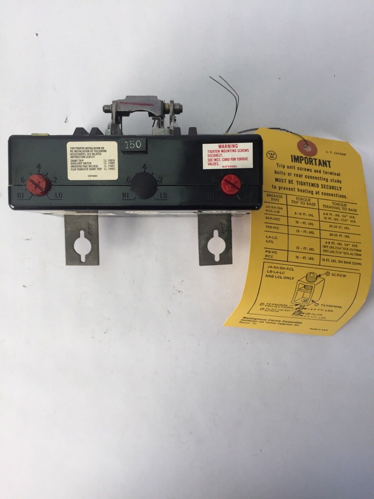 WESTINGHOUSE HLB2150T TRIP UNIT  2POLE 150AMP THERMAL TRIP 750-1500A INST. TRIP