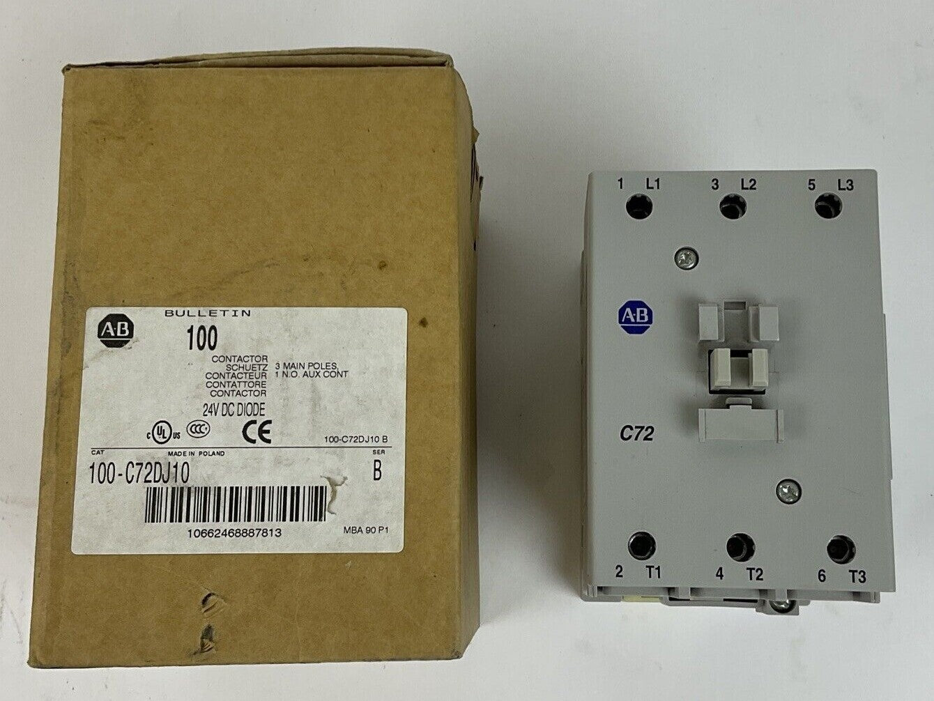 ALLEN BRADLEY 100-C72DJ10 CONTACTOR 24VDC SER.B 3POLE W/ 100-S AUX. CONTACT