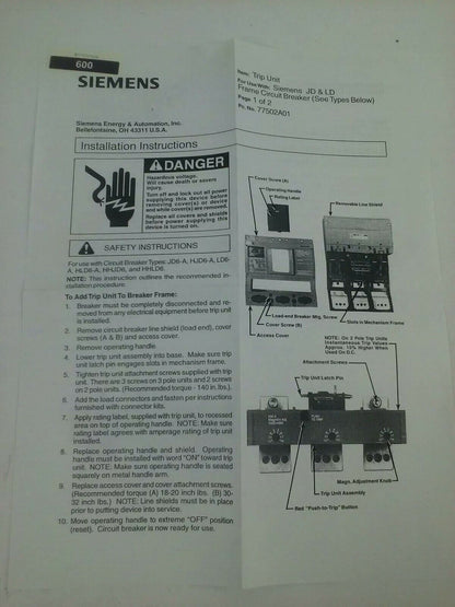 SIEMENS LD62T600 SENTRON MCCB TRIP UNIT ONLY 2P 600A 600V FRAME LD TYPE LD6