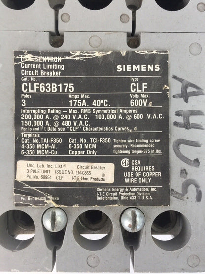 SIEMENS CLF63B175 CIRCUIT BREAKER 600VAC 175AMP 3POLE TRIP 175A