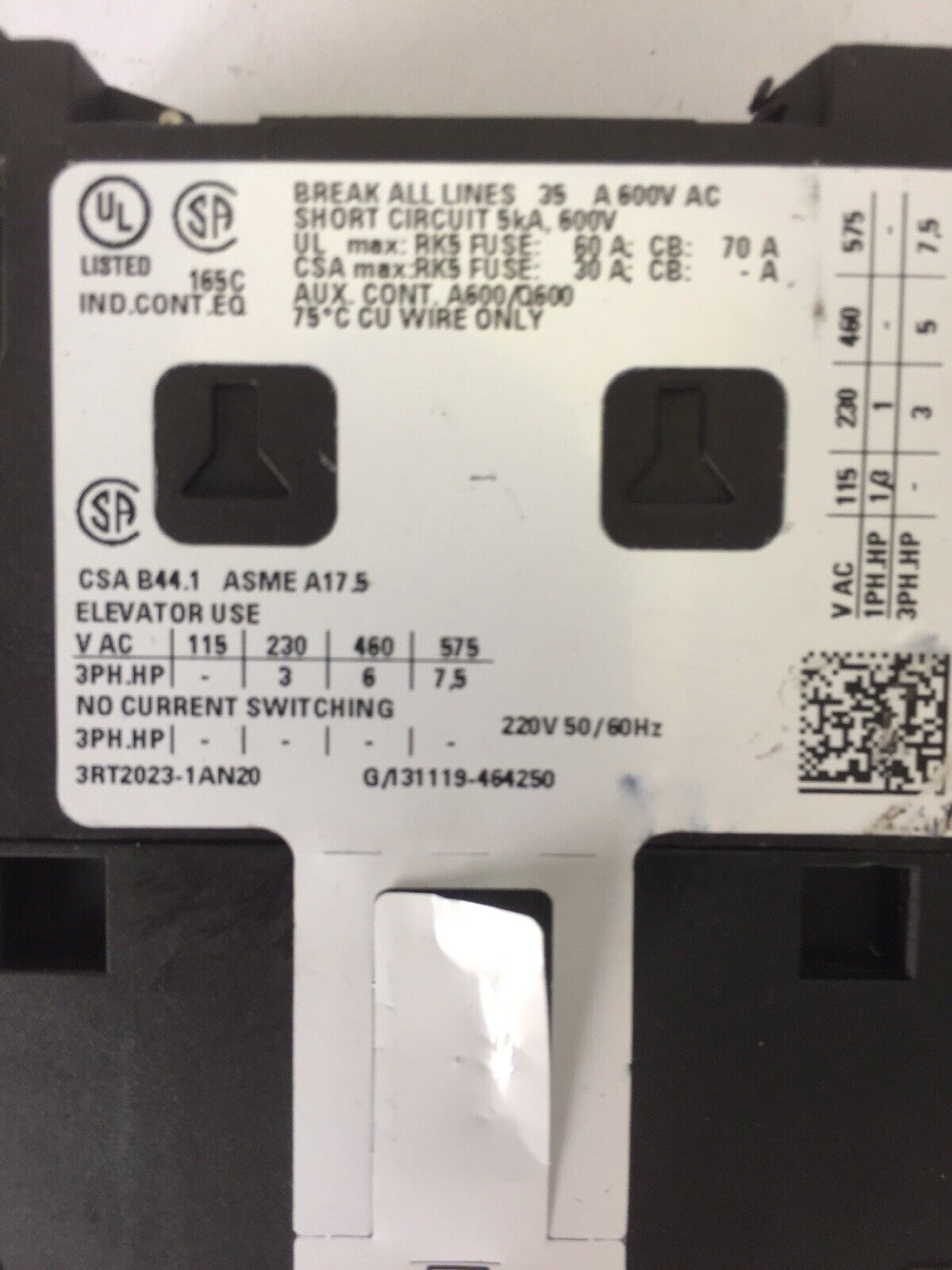 SIEMENS 3RT2023-1AN20 CONTACTOR 600VAC 3 POLE SIRIUS G/131119*E02* 220V 50/60HZ