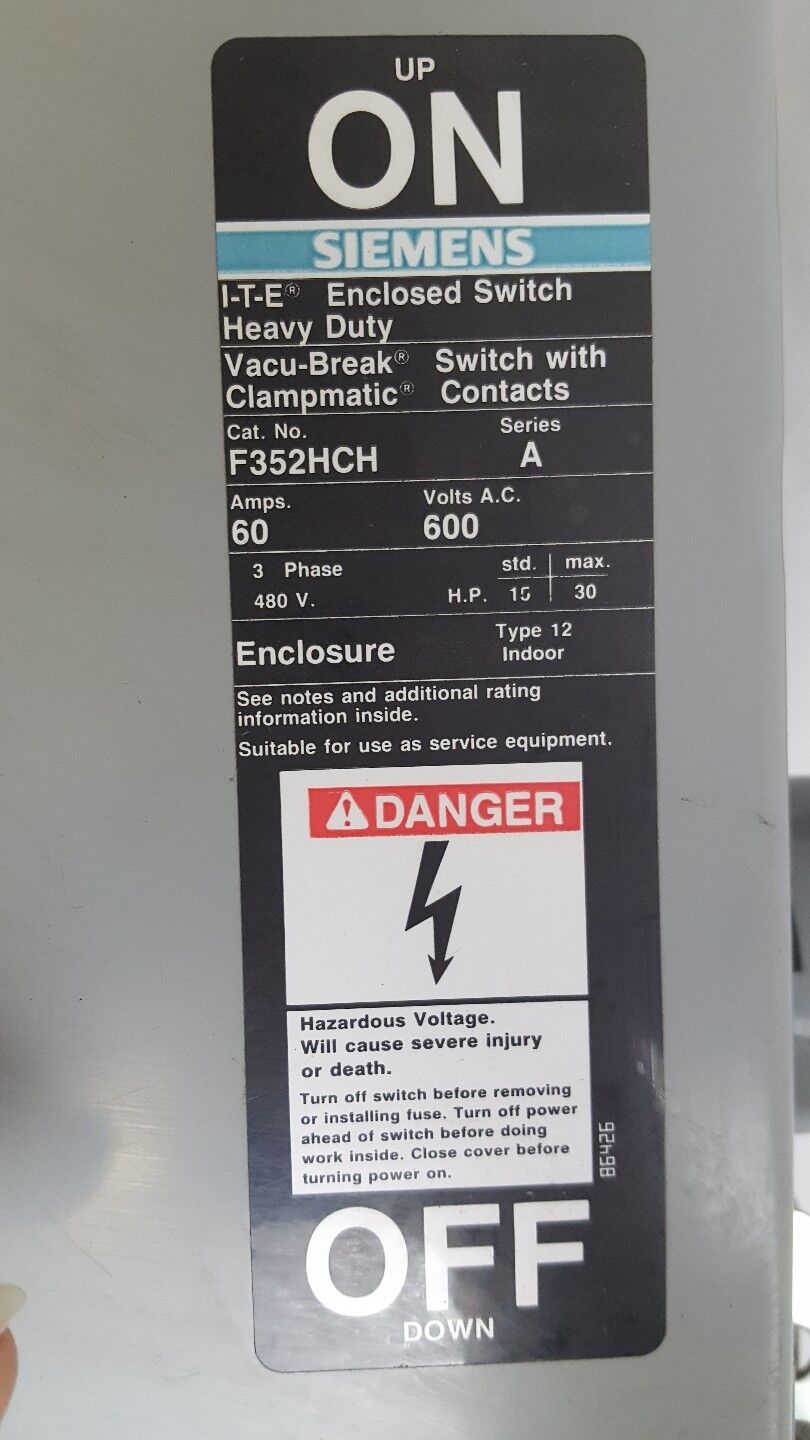 Siemens F352H-CH Series B Type12 W Welder Connector. 60A 600V DISCONNECT SWITCH