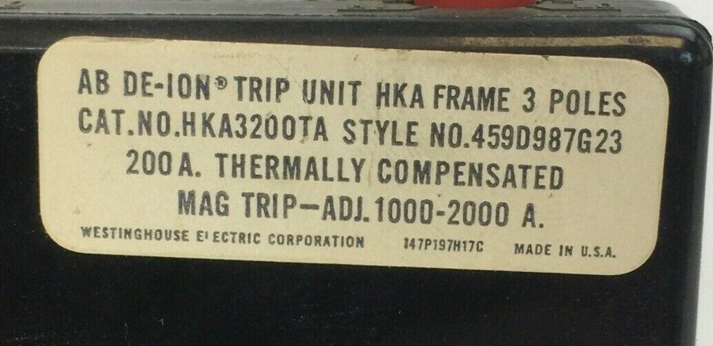 WESTINGHOUSE HKA3200TA TRIP UNIT 200AMP 3POLE INST TRIP 1000-2000A 459D987G23