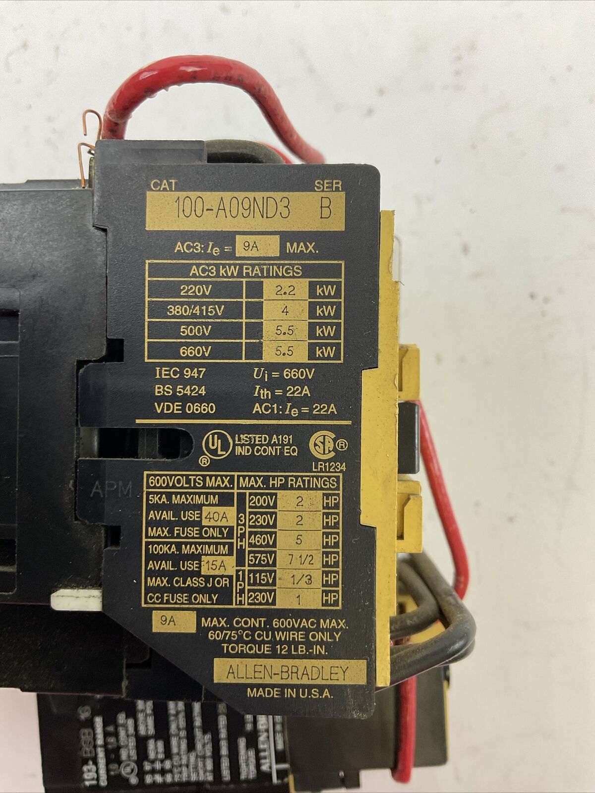 ALLEN BRADLEY REVERSING STARTER (100-A09ND3 COIL 120V + 193-BSB 16 1.0-1.6A)