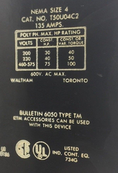 SYLVANIA T50U04C2 SIZE 4 STARTER 600VAC 135A TYPE TM