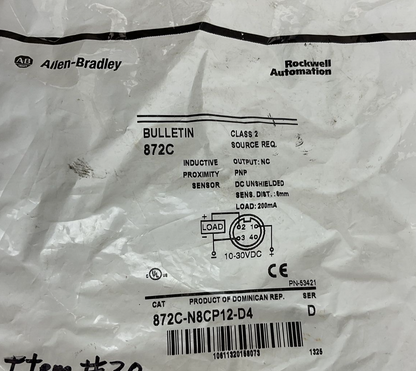ALLEN BRADLEY 872C-N8CP12-D4 INDUCTIVE PROXIMITY SENSOR SER.D 10-30VDC