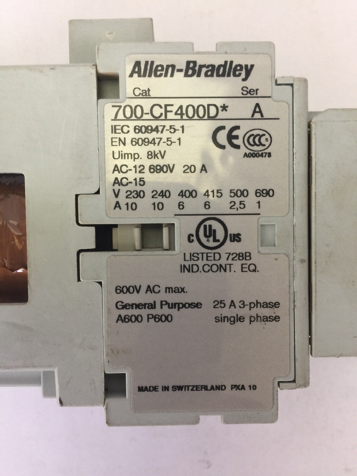 ALLEN BRADLEY 700-CF400D* CONTACTOR  600VAC 25A SER A COIL 24VDC 100-F SER B