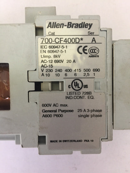 ALLEN BRADLEY 700-CF400D* CONTACTOR  600VAC 25A SER A COIL 24VDC 100-F SER B