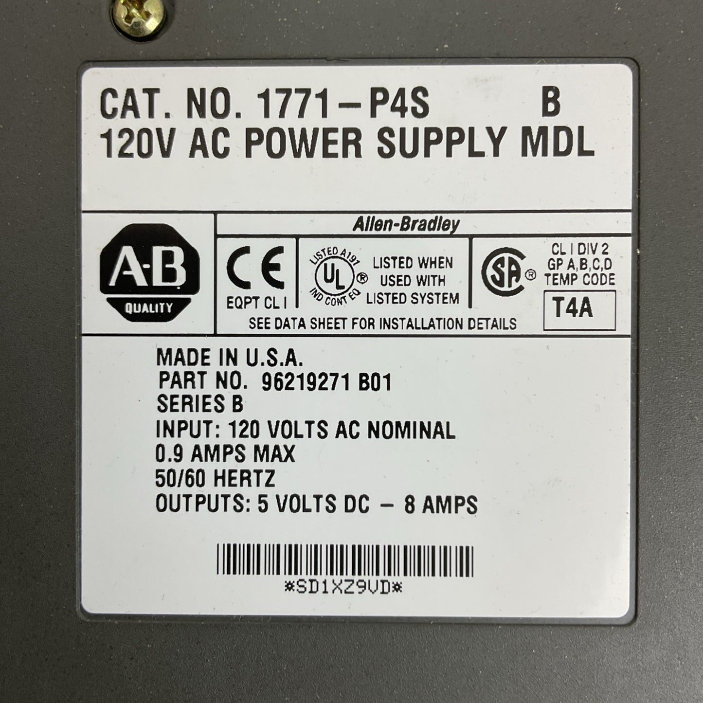 ALLEN BRADLEY 1771-P4S SER B INPUT 120VAC 0.9A OUTPUT 5VDC POWER SUPPLY MODULE