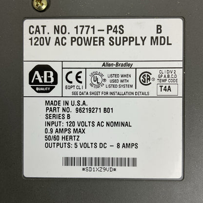 ALLEN BRADLEY 1771-P4S SER B INPUT 120VAC 0.9A OUTPUT 5VDC POWER SUPPLY MODULE