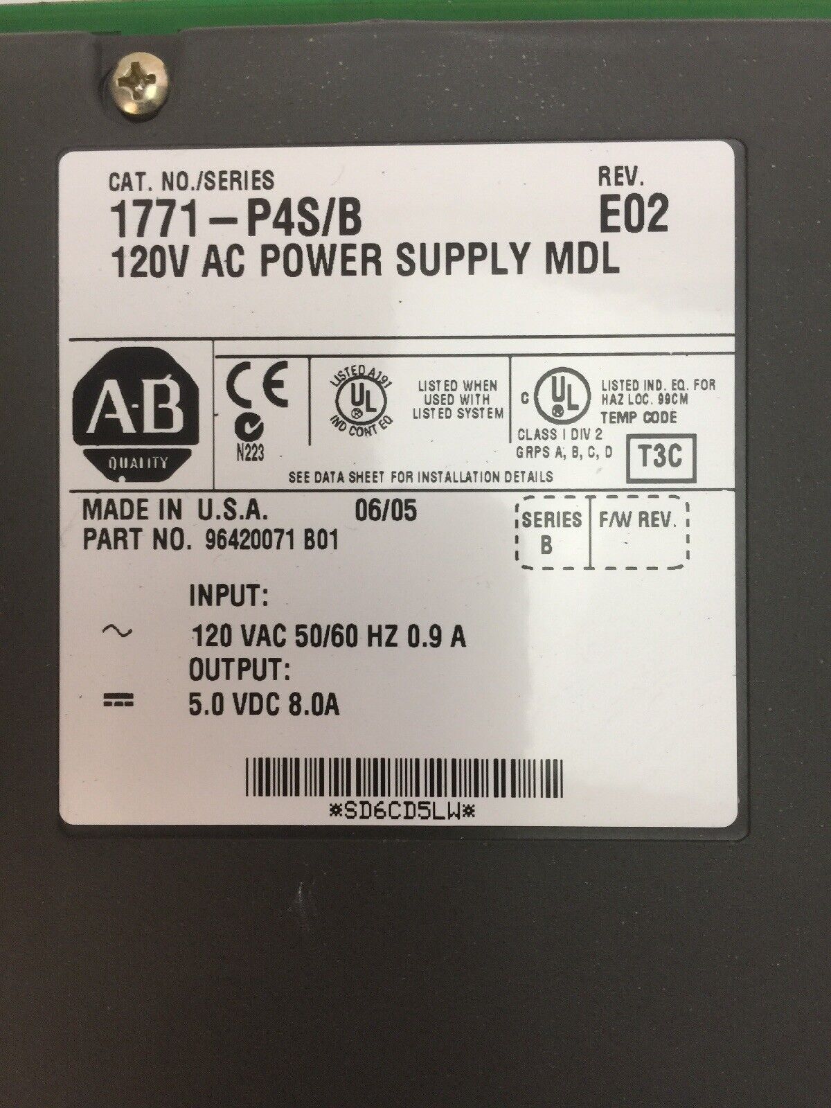 ALLEN BRADLEY 1771-P4S/B 120VAC POWER SUPPLY MODULE REV E02 OUTPUT 5.0 VDC 8.0 A