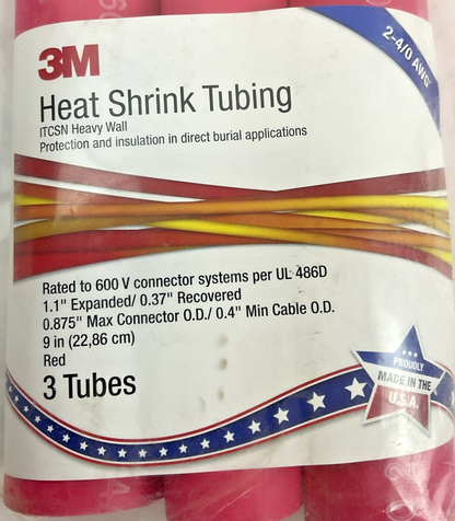 3M HEAT SHRINKING TUBING 2-4/0AWG 9IN 1.1"EXP.-0.37REC.  RED 3PACK