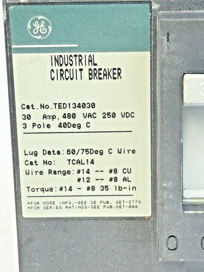 GE - TED134030 - INDUSTRIAL CIRCUIT BREAKER - 3 POLE/480 VAC/30A