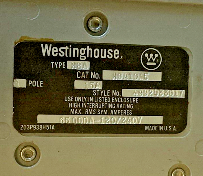 WESTINGHOUSE HBA 1015 CIRCUIT BREAKER 1POLE 15A 120/240VAC HBA1015***LOTOF2***