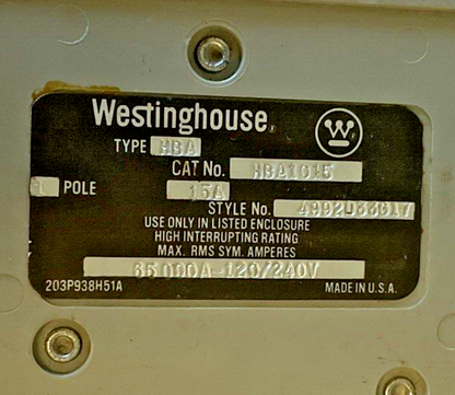 WESTINGHOUSE HBA 1015 CIRCUIT BREAKER 1POLE 15A 120/240VAC HBA1015***LOTOF2***