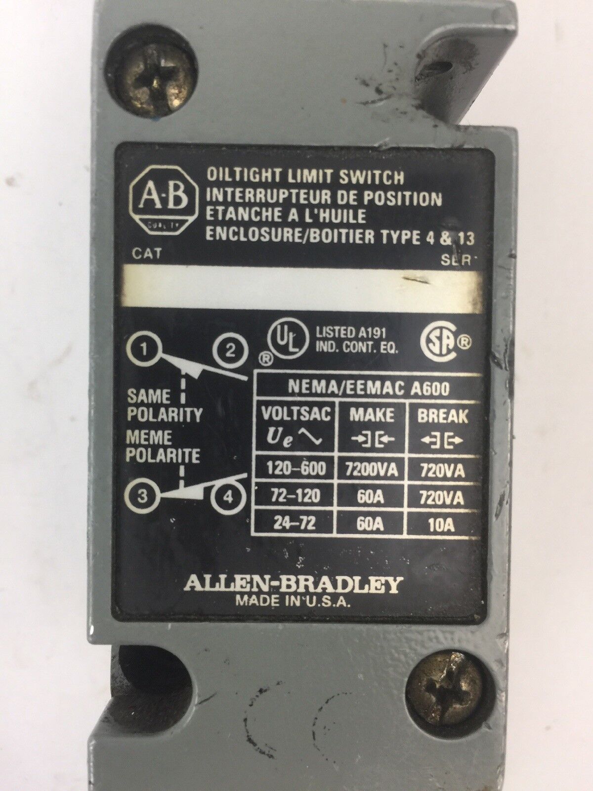 ALLEN BRADLEY OILTIGHT LIMIT SWITCH ENCLOSURE TYPE 4 & 13