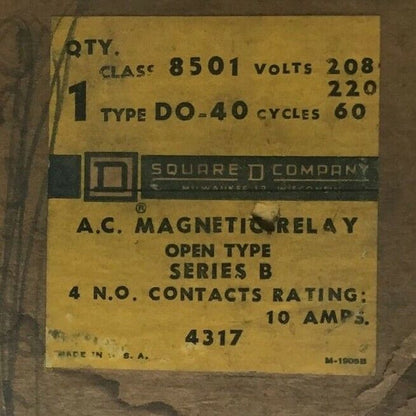 SQUARE D 8501 DO-40 MAGNETIC RELAY SER.B 10A  208-220V 60CY