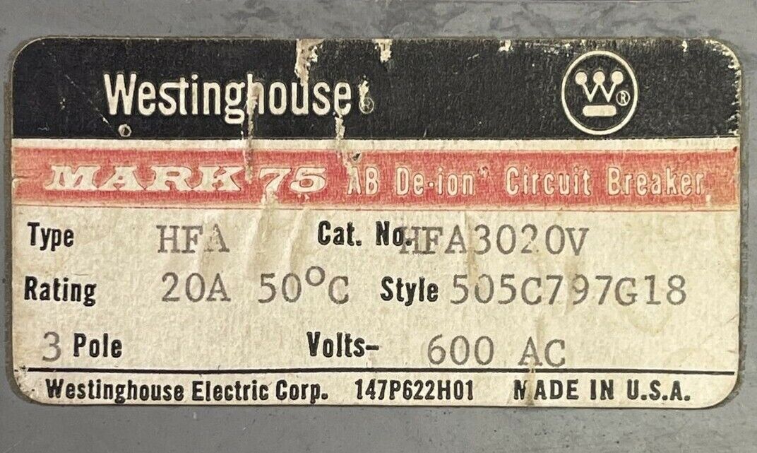 WESTINGHOUSE HFA3020V AB DE-ION CIRCUIT BREAKER 20AMP 600VAC 3POLE 505C797G18