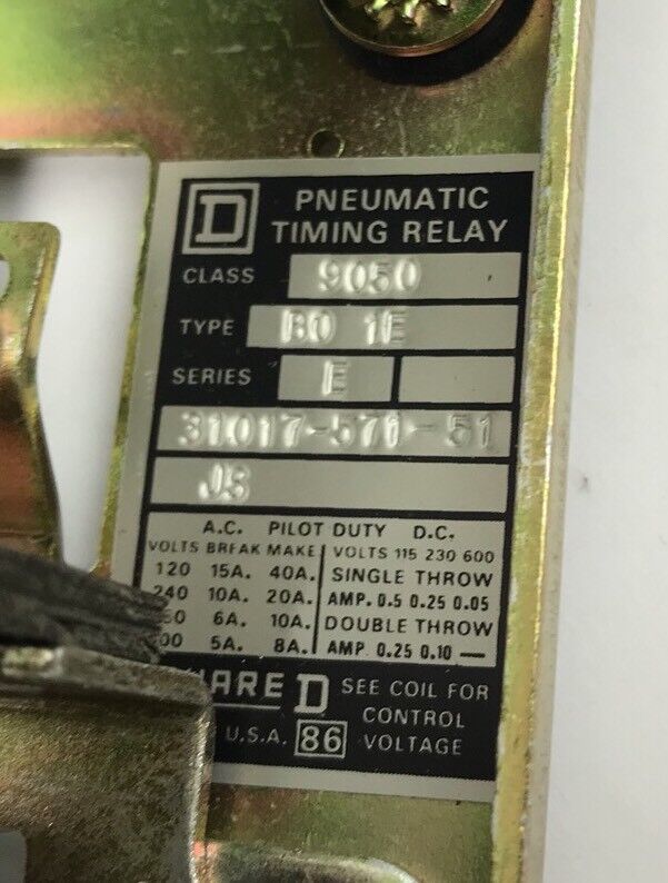 SQUARE D 9050 BO-1E A C PNEUMATIC TIMING RELAY, 120V 60HZ, 110V 50HZ. *NEW*