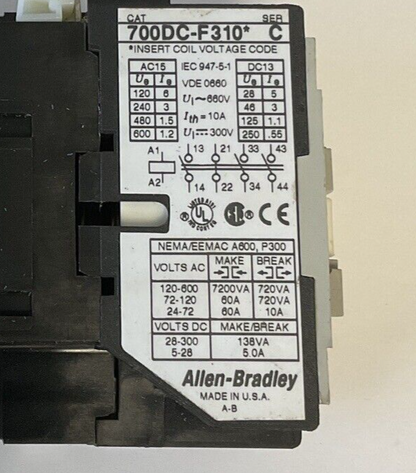 ALLEN BRADLEY 700DC-F310* CONTROL RELAY  SER.C 31E 10A 660V