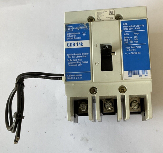 WESTINGHOUSE GDB 14K CIRCUIT BREAKER 15A 480VAC 3POLE 50/60HZ GDB3015DS1