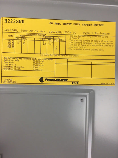 POWER MASTER H222SNK HEAVY DUTY SAFETY SWITCH 60A 240V 3 WIRE S/N FUSIBLE TYPE 1