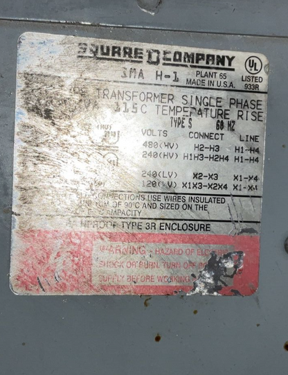 SQUARE D SMA H-1 TRANSFORMER 2KVA 60HZ 480V RAINPROOF TYPE 3R 1PH DRY TYPE