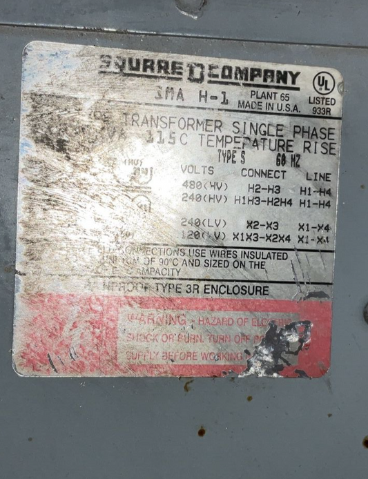 SQUARE D SMA H-1 TRANSFORMER 2KVA 60HZ 480V RAINPROOF TYPE 3R 1PH DRY TYPE