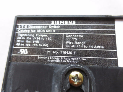 SIEMENS MCS603R FUSIBLE / FUSED DISCONNECT SWITCH w/ 8A FUSES